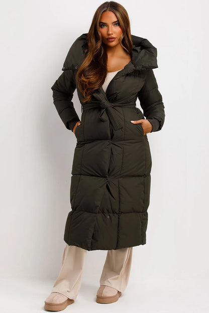 Long Puffer Coat With Hood And Belt Khaki