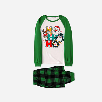 Green Raglan Top Green Plaid Christmas Pajamas Set With "HO HO HO" Pattern Print