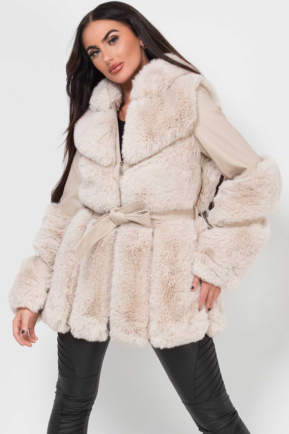 Faux Leather Faux Fur Panel Hooded Jacket With Belt Cream