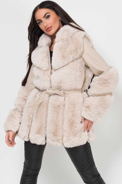 Faux Leather Faux Fur Panel Hooded Jacket With Belt Cream