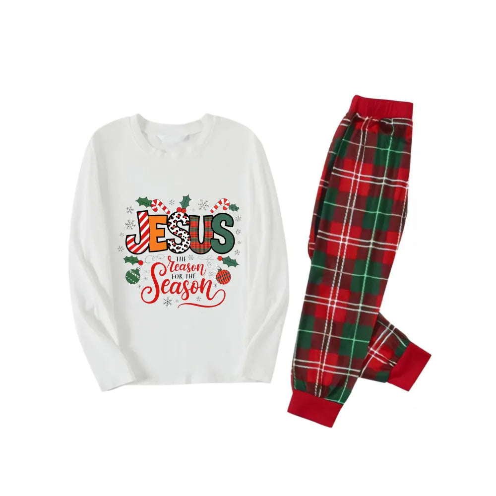 Christmas Pattern and “Jesus” Colorful Text Printed Red and Green Plaid Christmas Pajama Set