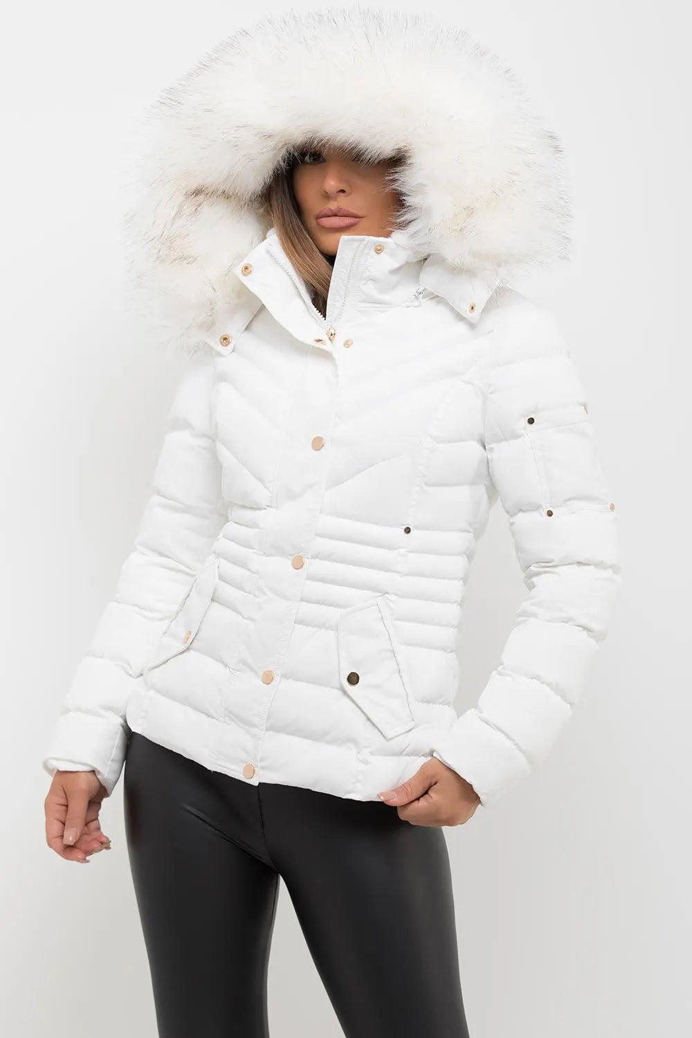 White Puffer Coat With Big Faux Fur Hood