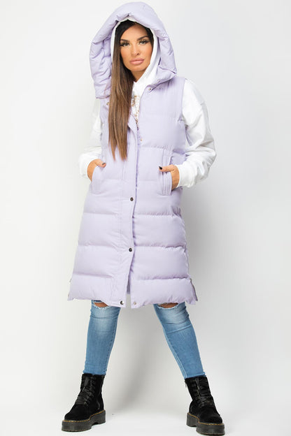 Padded Longline Hooded Gilet Lilac