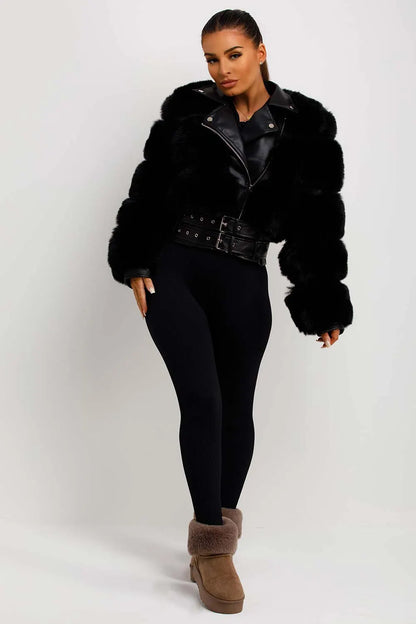 Faux Fur Faux Leather Aviator Jacket With Belt Black
