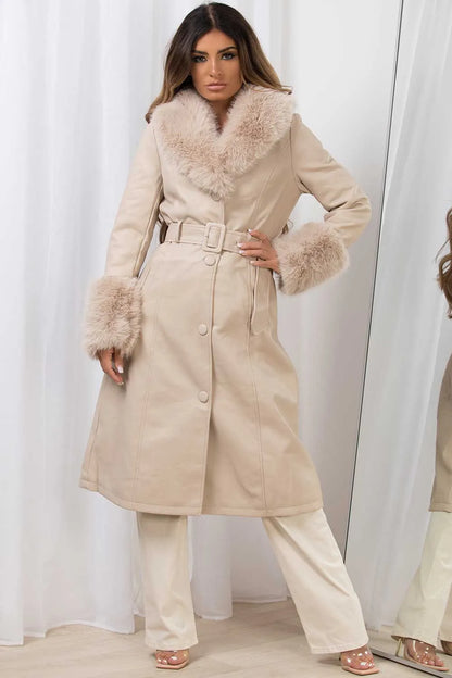 Long Faux Fur Faux Leather Jacket With Belt Beige