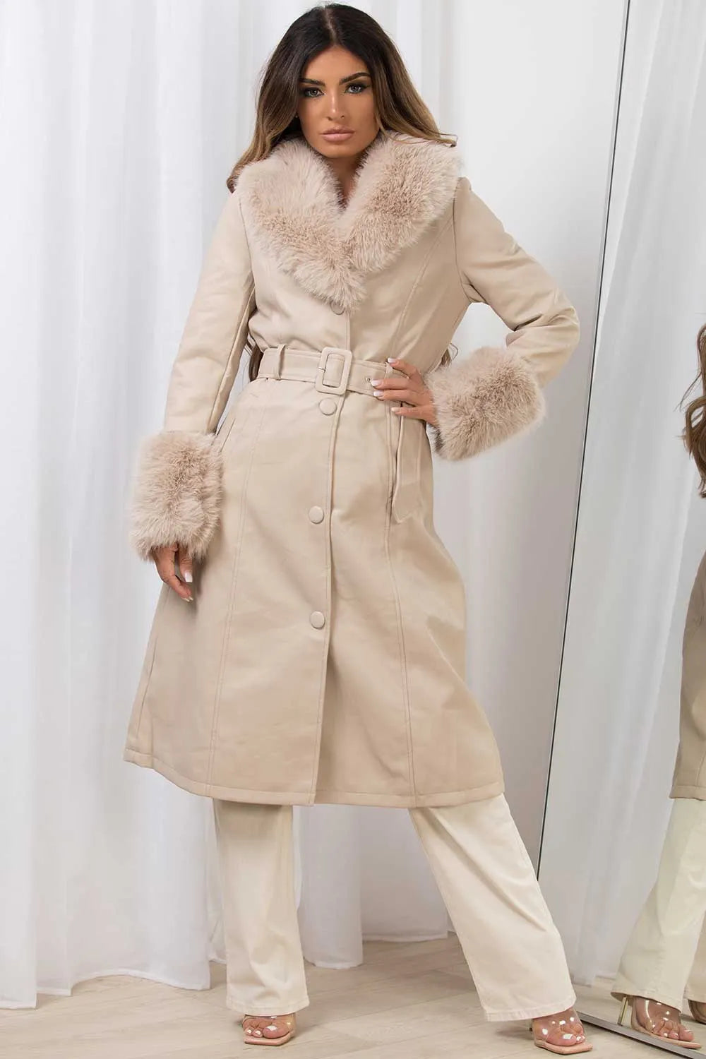 Long Faux Fur Faux Leather Jacket With Belt Beige