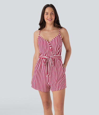V-neck Snap Belted Stripe Waffle Jumpsuit with Pockets