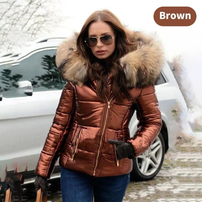 Women's casual warm large fur collar hooded jacket