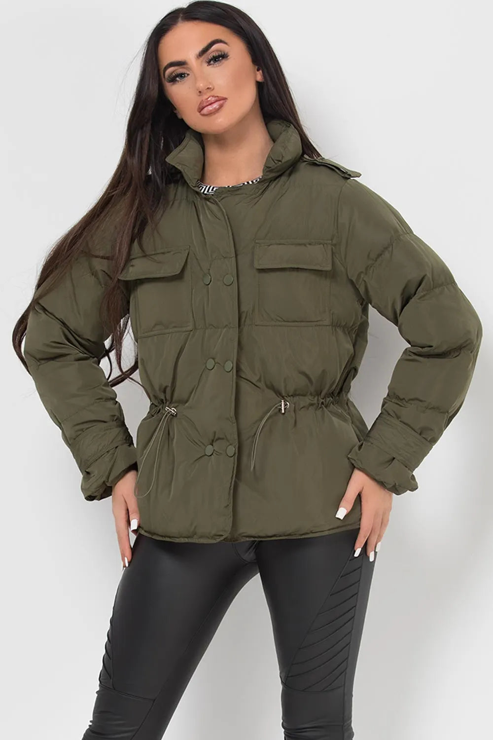 Puffer Jacket With Elasticated Drawstring Khaki