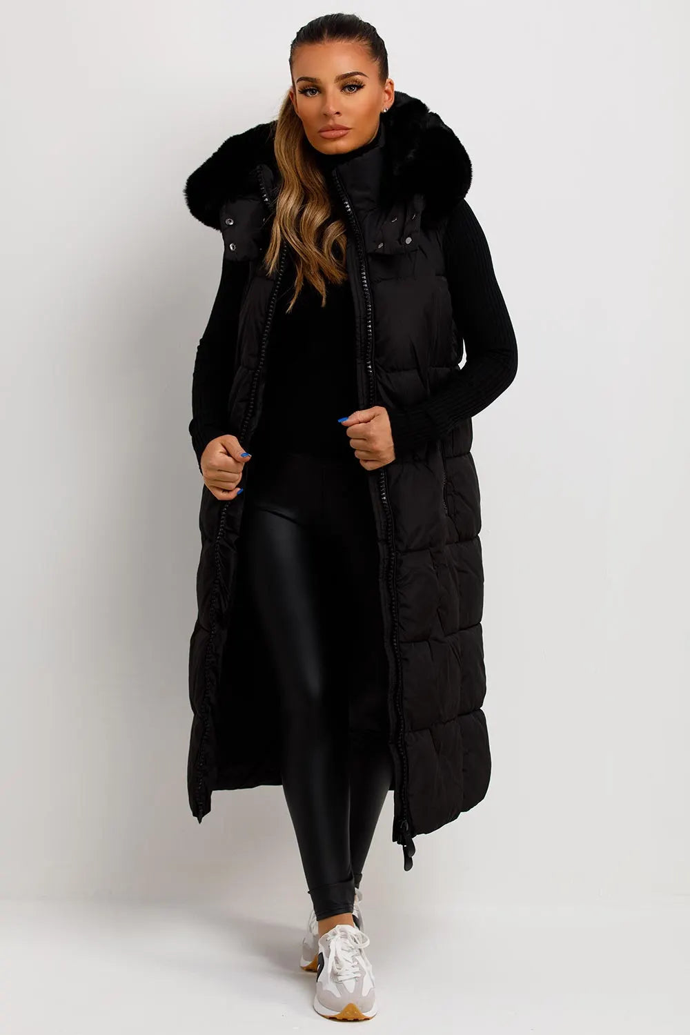 Long Puffer Gilet With Faux Fur Hood Black
