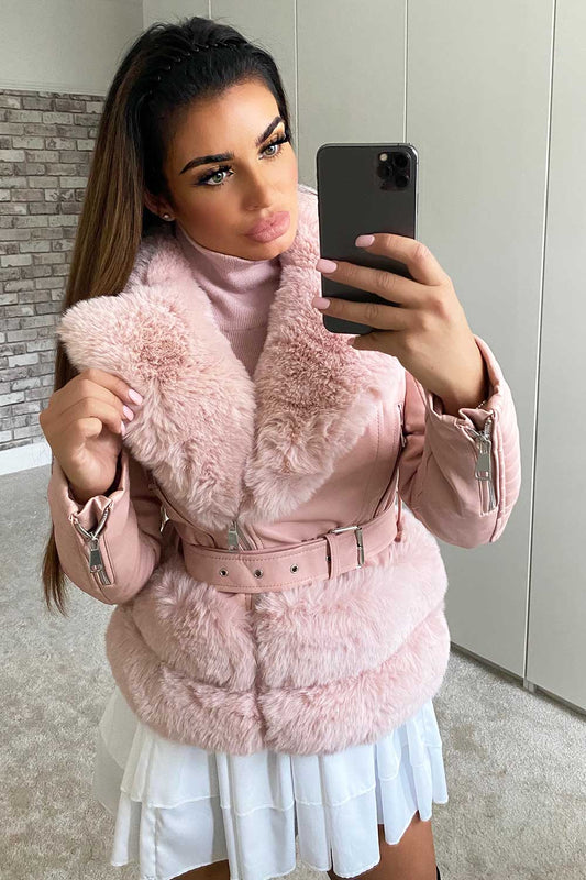 Faux Fur Faux Leather Belted Jacket Pink