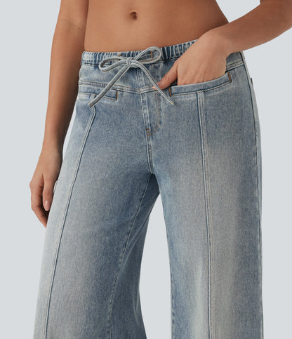 FlexTM Low Rise Drawstring Washed Casual Baggy Jeans with Pockets