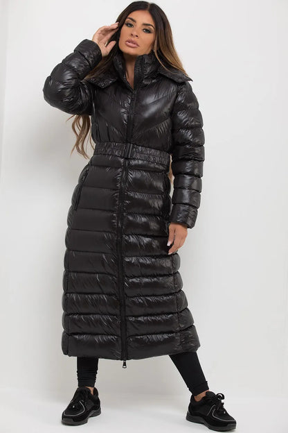 Black Longline Puffer Padded Jacket With Hood & Belt