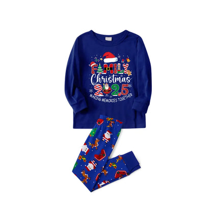 Cozy Blue Christmas Pajamas Set With "Family Christmas 2025 Making Memories Together" Text Print