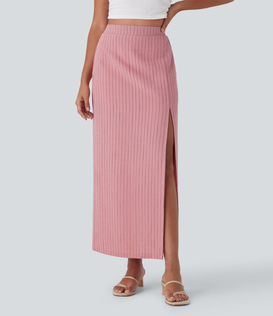 High Waisted Stripe Maxi Linen-Feel Skirt with Pockets