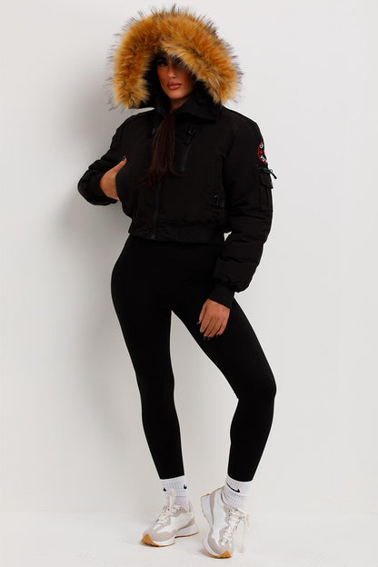 Canada Crop Bomber Jacket With Fur Hood Black