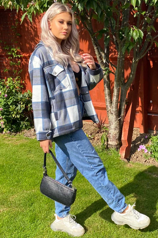 Navy Check Oversized Shacket Shirt Jacket