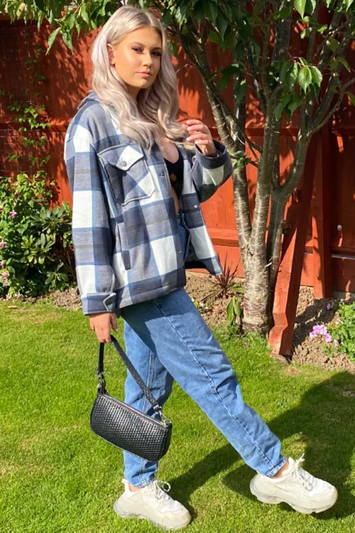 Navy Check Oversized Shacket Shirt Jacket