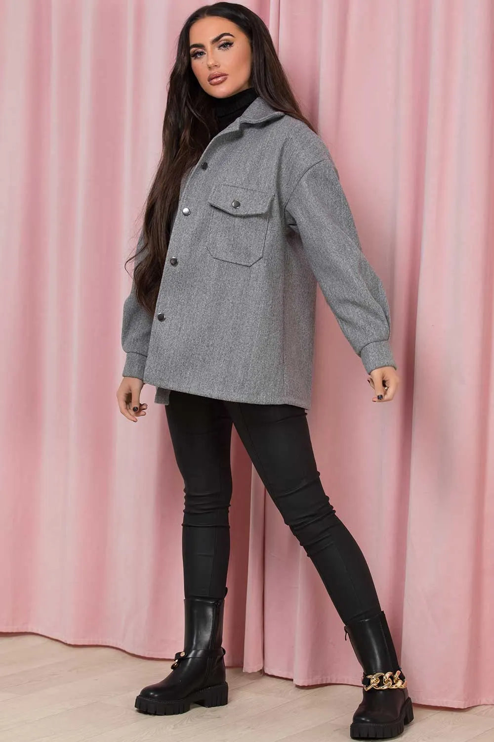 Grey Shacket With Front Pockets
