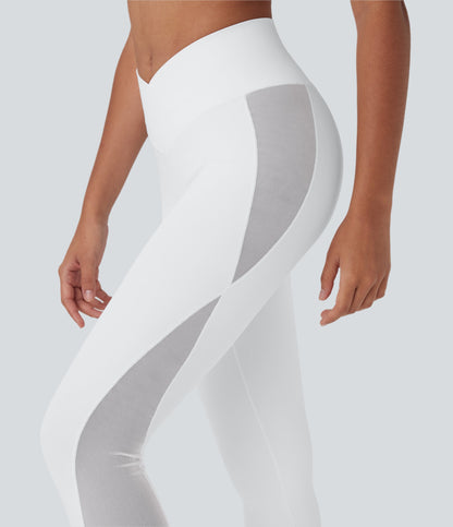 SoftlyZeroTM Crossover High Waisted Contrast Mesh Yoga Leggings with Pocket-UPF50+