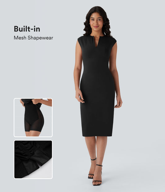 V-neck Zipper Bodycon Midi Work Built-in Mesh Shapewear Dress