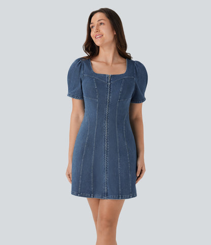 FlexTM Square Neck Short Sleeve Zipper Denim Mini Casual Dress