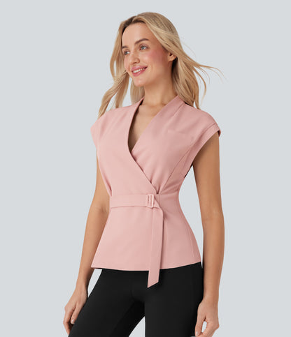 V Neck Sleeveless Wrapped Belted Work Jacket