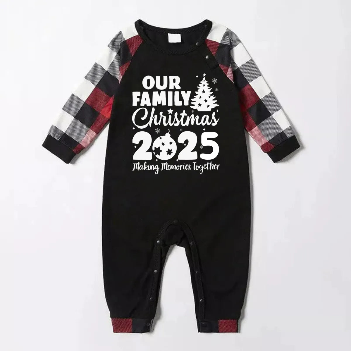 Christmas Tree & "2025 Making Memories Together" Patterned Plaid Sleeve Contrast Tops and Red & Black & White Plaid Pants Family Matching Pajamas Set With Dog Bandana