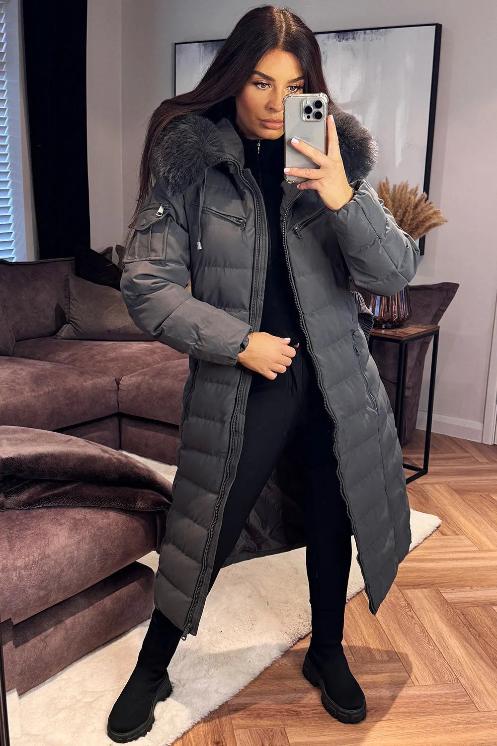 Longline Puffer Padded Coat With Fur Hood And Belt Grey