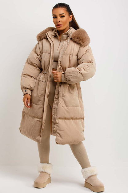 Long Puffer Coat With Faux Fur Hood And Drawstring Waist Beige