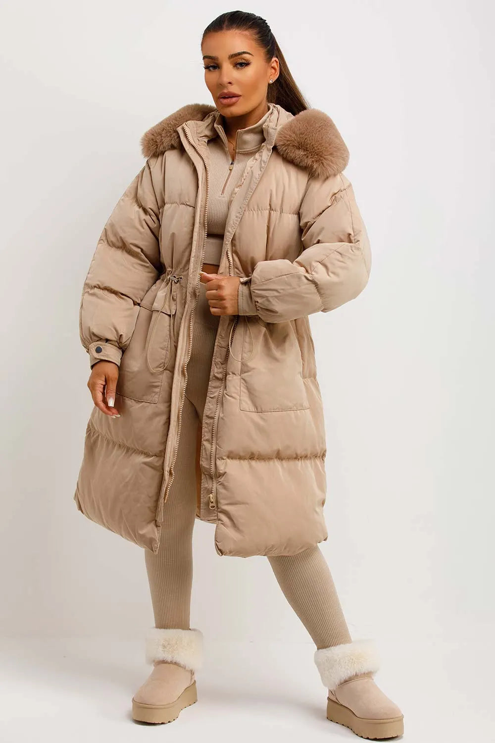Long Puffer Coat With Faux Fur Hood And Drawstring Waist Beige