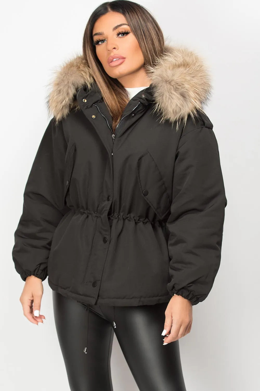 Black Natural Fur Hooded Parka Coat
