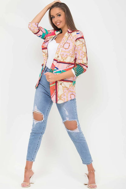 Scarf Print Ruched Sleeve Blazer Pink