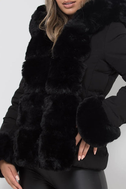Puffer Jacket With Luxury Faux Fur Hood And Trim Black