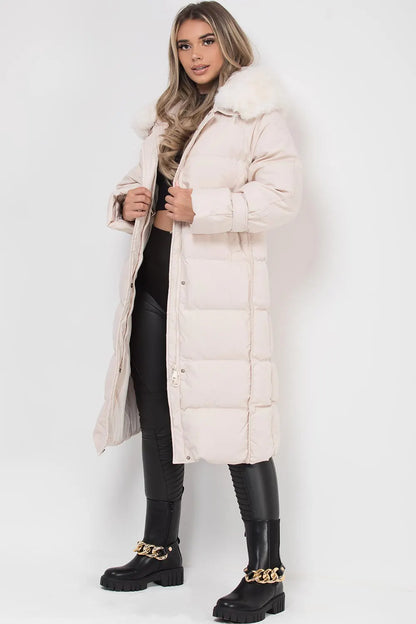 Long Puffer Down Coat With Faux Fur Hood Beige