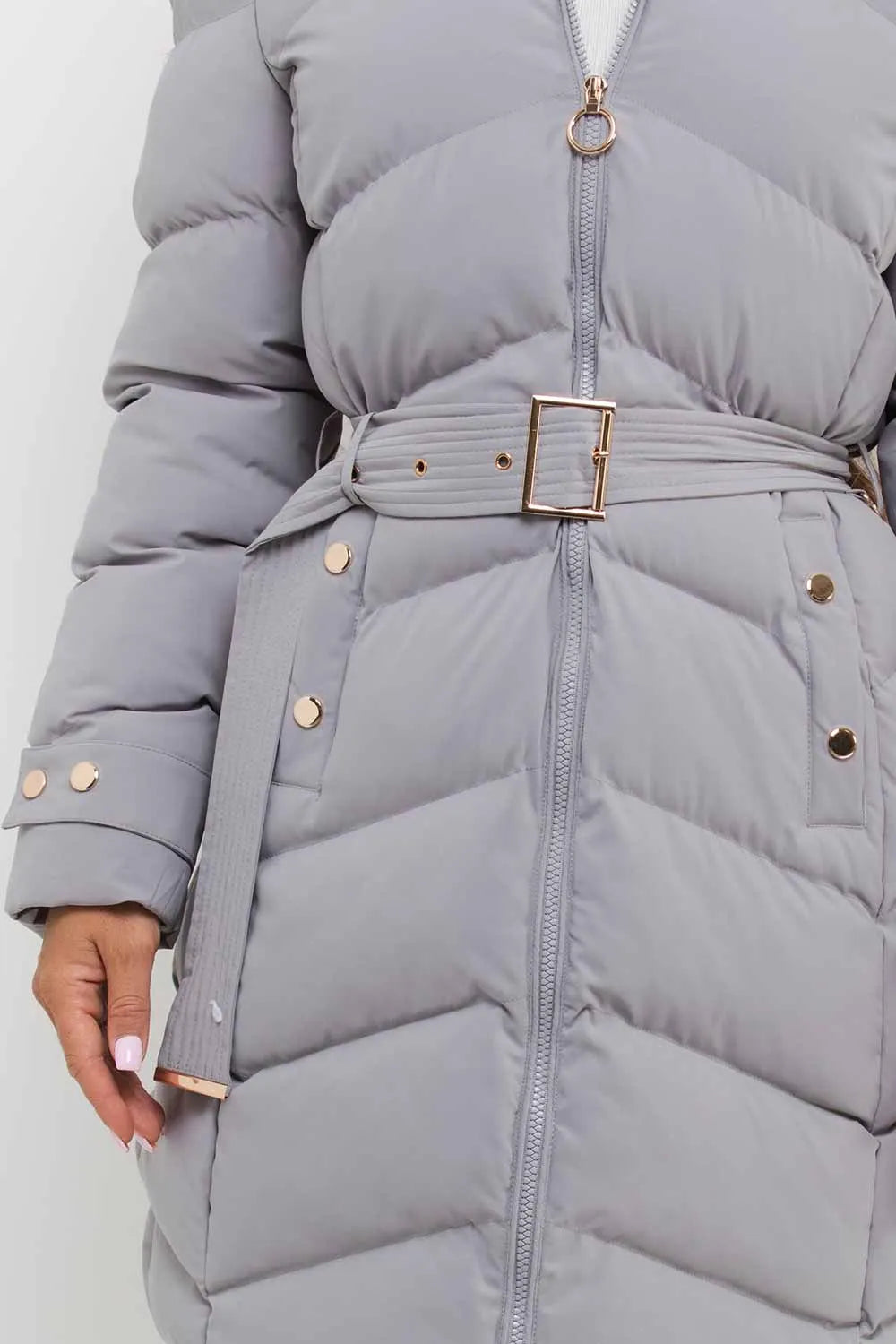 Grey Long Puffer Coat With Belt And Gold Button Detail