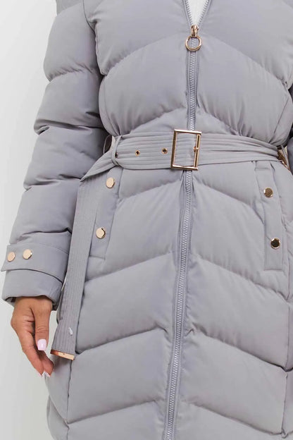 Grey Long Puffer Coat With Belt And Gold Button Detail