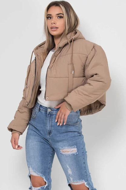 Crop Puffer Jacket With Hood Beige