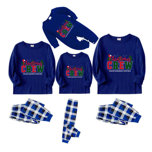 Christmas Family Matching Pajamas-Navy & White Plaid Pjs Set with "Christmas Crew Making Memories Together" Slogan Print