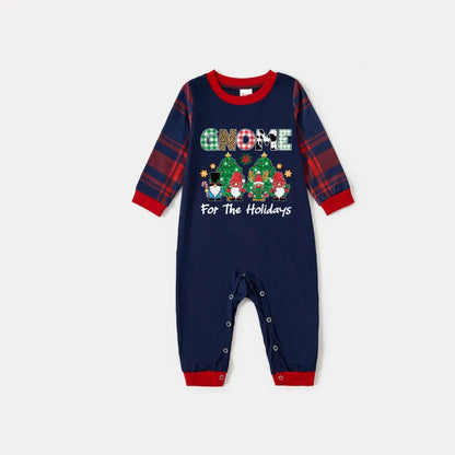 Christmas Family Matching Pajamas-Navy & Red Plaid Pjs Set with "Gnome For The Holidays" Slogan Print