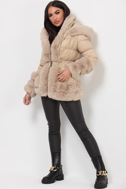Faux Fur Trim Puffer Hooded Down Jacket With Belt Beige