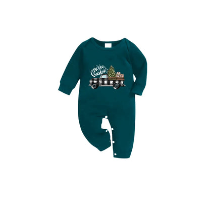 Christmas Family Matching Pajamas-Dark Green&Deer Patterned Pjs Set with "Merry Christmas" and Car Pattern Print