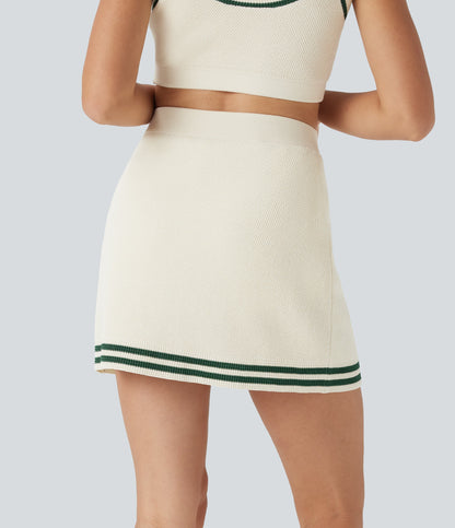 High Waisted Color Block 2-in-1 Mini Casual Sweater Knit Skirt with Pocket