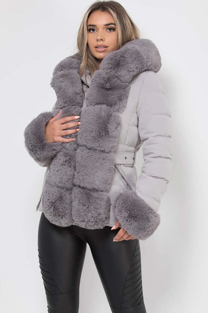 Puffer Jacket With Luxury Faux Fur Hood And Trim Grey