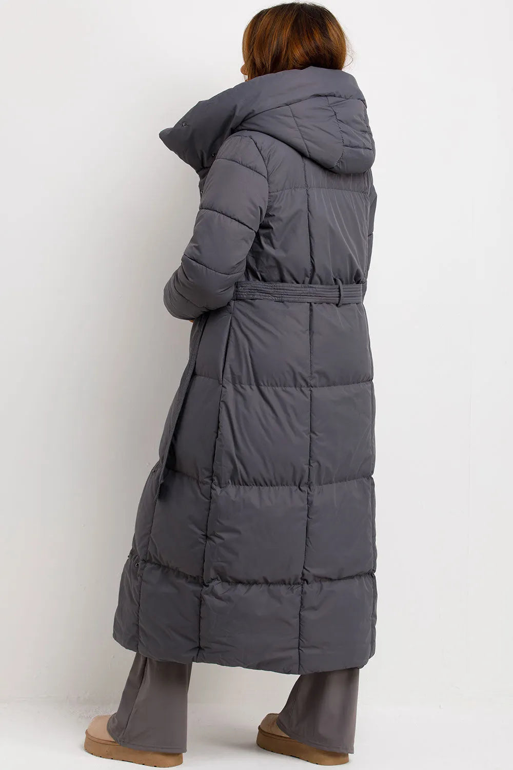 Long Puffer Coat With Hood And Belt Grey