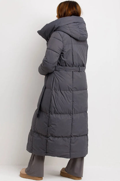 Long Puffer Coat With Hood And Belt Grey