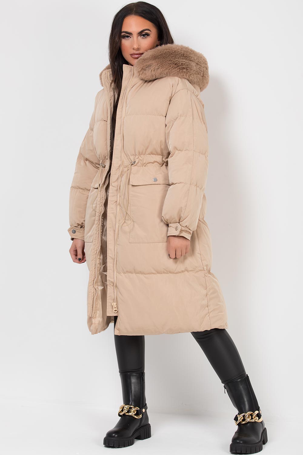 Long Puffer Coat With Faux Fur Hood And Drawstring Waist Beige