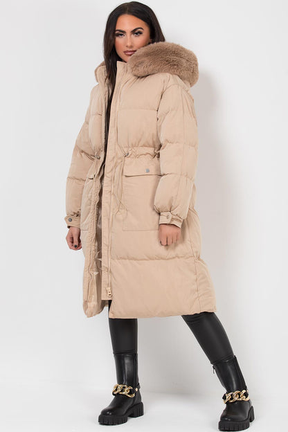 Long Puffer Coat With Faux Fur Hood And Drawstring Waist Beige