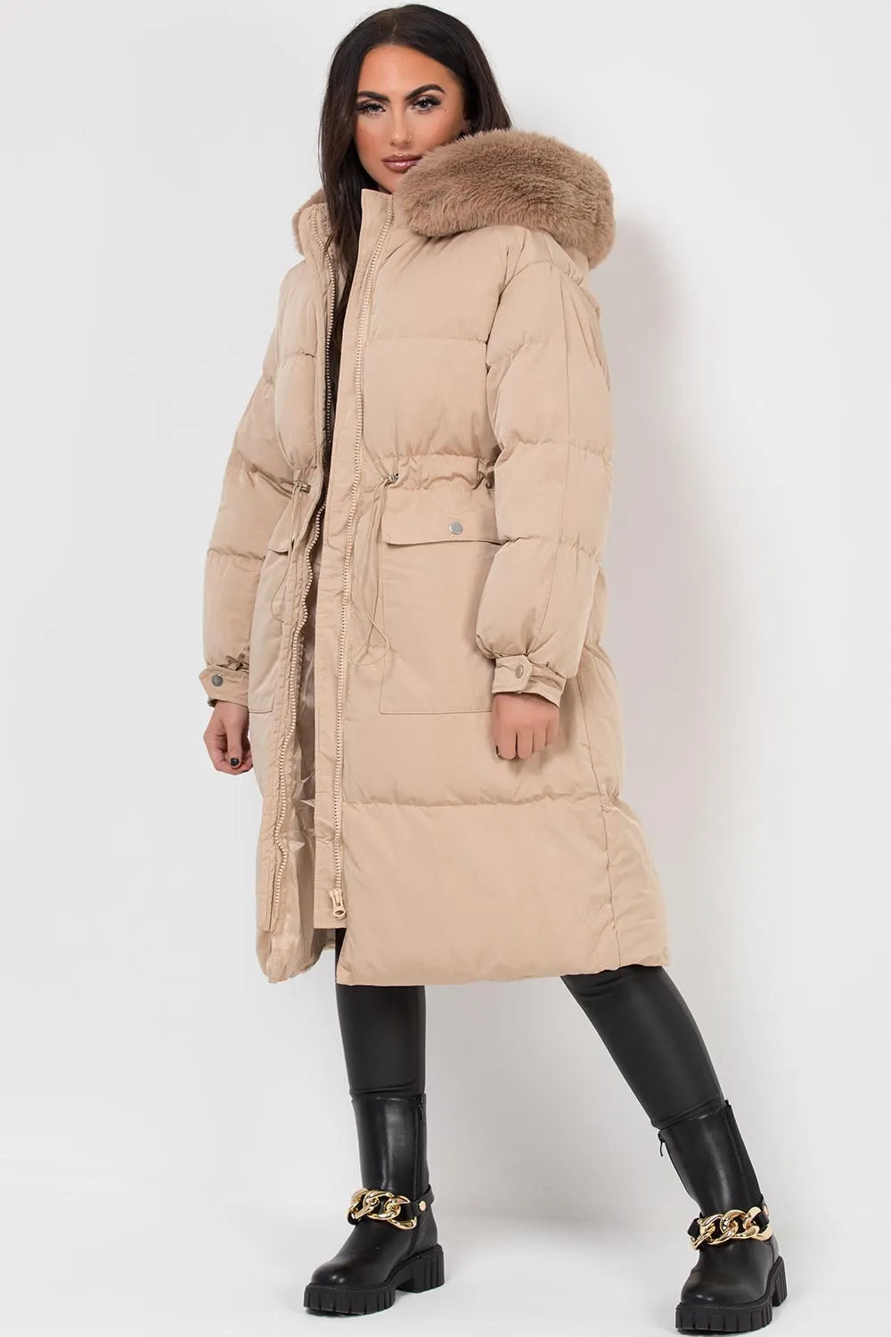 Long Puffer Coat With Faux Fur Hood And Drawstring Waist Beige