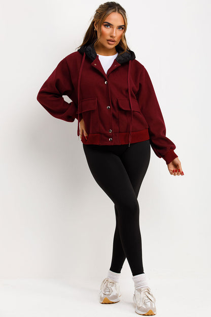 Bomber Baseball Jacket With Hood Burgundy